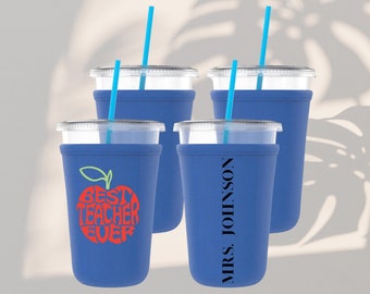 Handmade Teacher Iced Coffee Sleeve, Personalized Teacher gift, Teacher Appreciation Gift, Handmade Coffee Cozy, Holiday Teacher Gift Idea