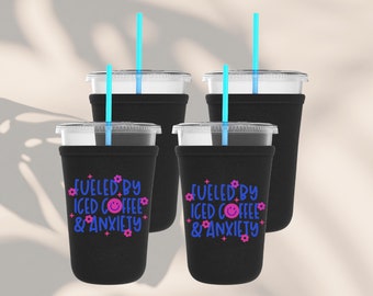 Handmade Iced Coffee Coozie, Drink Sleeve, Beverage Holder, Coffee Lover Gift, Anxiety, Iced Coffee
