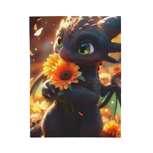 May include: A black dragon with large green eyes holds a bright orange sunflower. The dragon is surrounded by a field of sunflowers. The dragon has small green wings and a friendly expression.