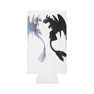 May include: White and black dragon can cooler with a white background. The dragons are facing each other with their tails intertwined.