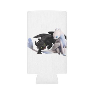 May include: A white can cooler with a black and white image of two dragons. The dragons are facing each other and appear to be cuddling. The black dragon has blue eyes and the white dragon has green eyes.