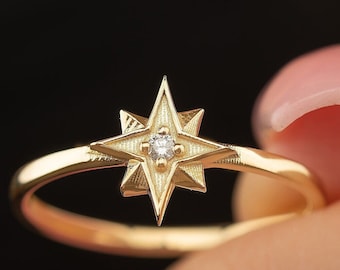 14k Gold Diamond Star Ring,  North Star Diamond Ring,North Star Ring, Dainty Minimalist Ring for Women, Astrology Ring