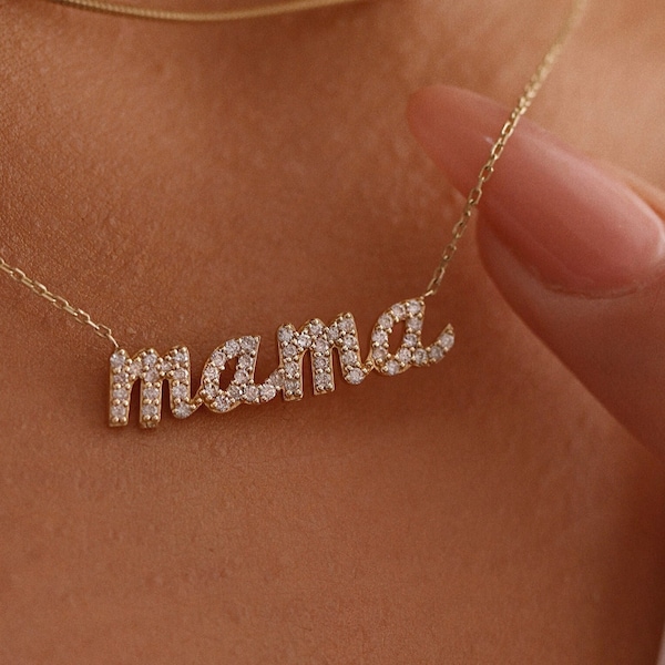 Diamond Stone 14k Solid Gold MAMA Necklace, Dainty Diamond Stone Mama Necklace, 14k Yellow Gold Mama Necklace,