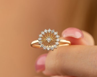 Diamond Flower Ring, Anniversary Ring, Diamond Flower Engagement Ring, Daisy Ring,14k Gold Flower Diamond Ring for Women, Handmade Jewelry