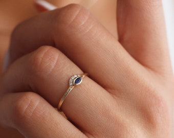 14k Gold 0.06 Carat Diamond Blue Sapphire Evil Eye Ring, Solid Gold Jewelry, Protective Eye Band, Cz Diamond Devil Eye, Anniversary Gift