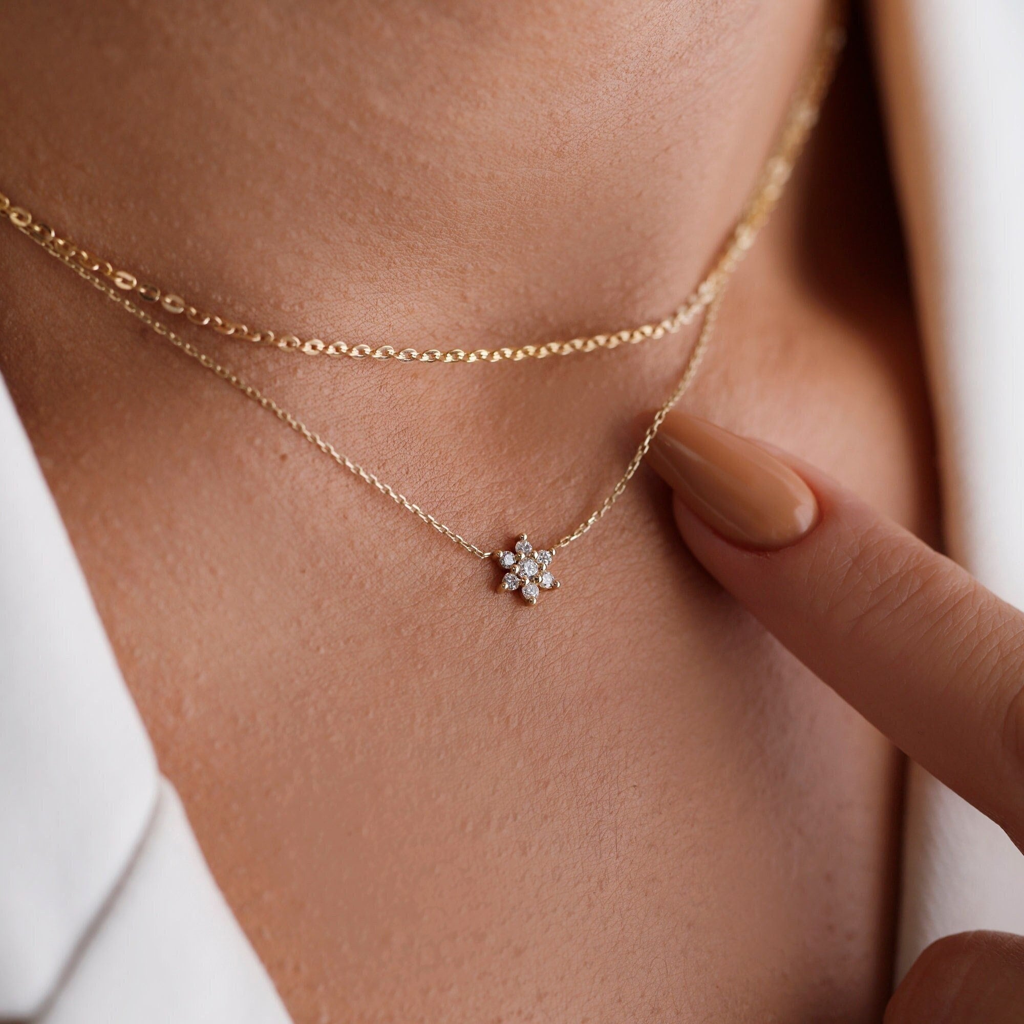 Dainty 14k Solid Gold Necklace, Minimalist Diamond Necklace, GARMACE Diamond, Flower Necklace, Cluster Diamond Necklace, Anniversary Gift