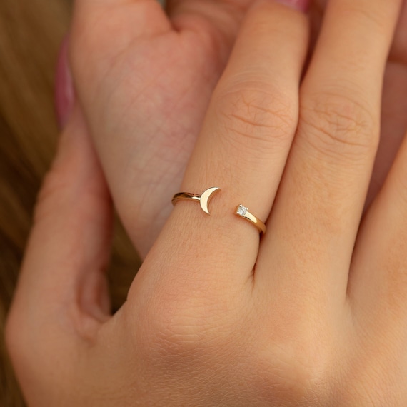 Crescent Moon Star Ring,moon and Solitaire Open Ring, Celestialjewelry,  Diamond Jewelry, Magic Statement Piece, Gift for Her - Etsy