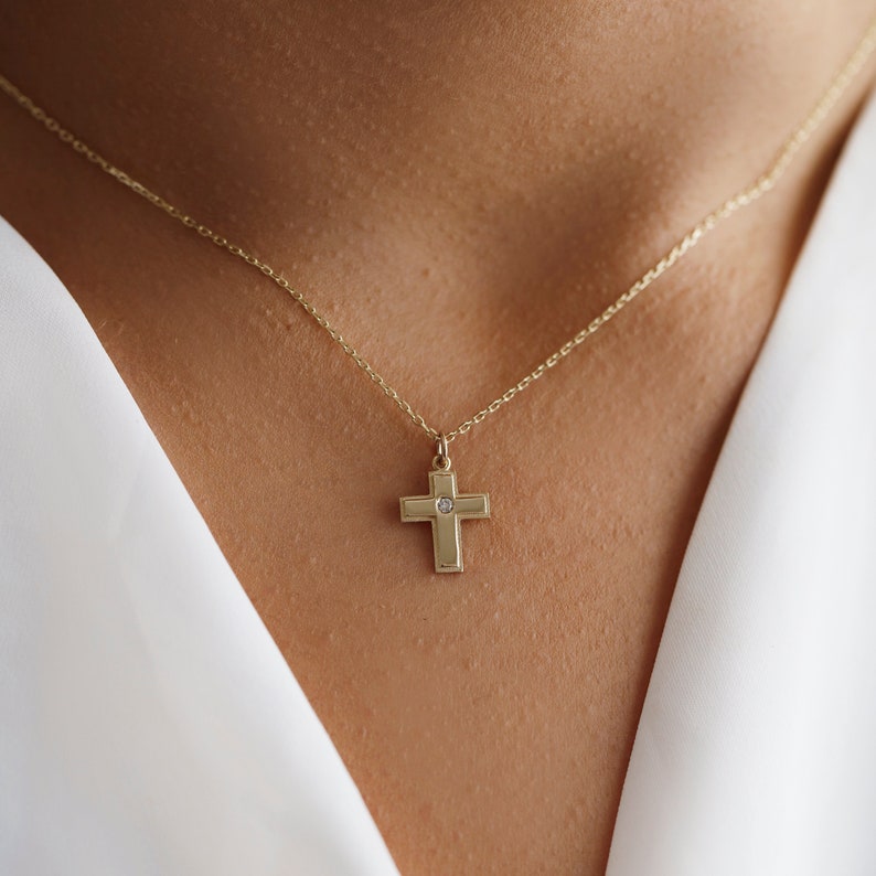 Gold Diamond Cross Necklace, 14K Solid Gold Diamond, Christian Faith