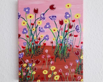 Acryl Leinwand Blumen abstrakt bunt, 24x30 cm, farbenfrohes buntes Blumenbild