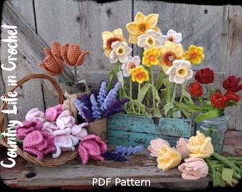 Spring Flowers Daffodils, Tulips, Grape Hyacinths Crochet Pattern, Spring Bouquet, Easy Beginner Crochet, PDF Instant Download Pattern