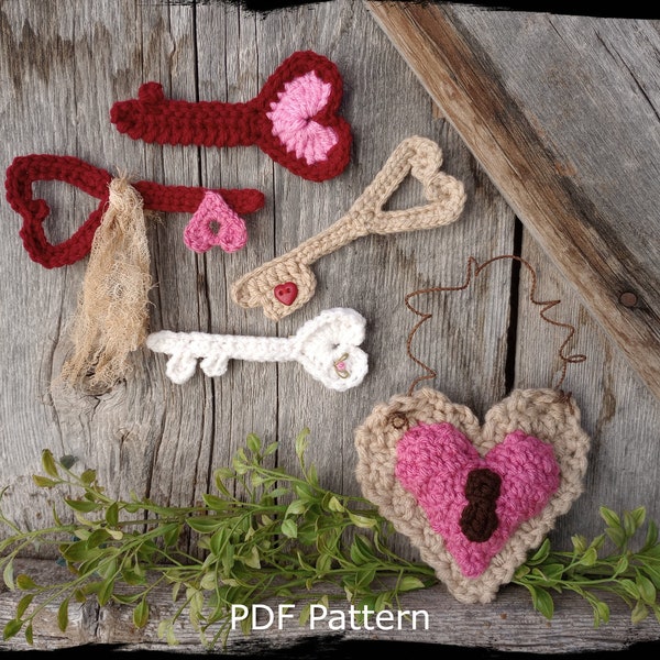 Heart Keys and Locket Crochet Pattern, Valentine's Day Ornaments, Decoration, Easy Beginner Crochet Tutorial, Instant Download PDF Pattern