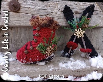 PDF Pattern, Ski Boots and Skis Crochet Pattern, Winter Snow Boots, Christmas Tree Ornament, Winter Decoration, Easy Beginner Crochet