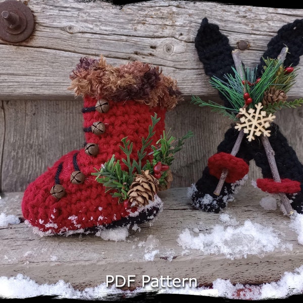 PDF Pattern, Ski Boots and Skis Crochet Pattern, Winter Snow Boots, Christmas Tree Ornament, Winter Decoration, Easy Beginner Crochet