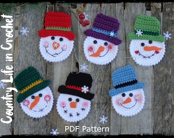 PDF Pattern, Snowman Christmas Ornaments, Snowmen Crochet Tutorial, Beginner Crochet