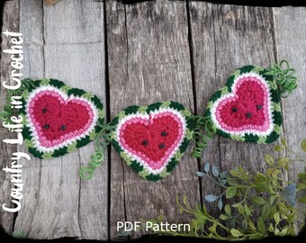 PDF Pattern, Watermelon Hearts Crochet Pattern, Watermelon Slice Garland, Easy Beginner Crochet