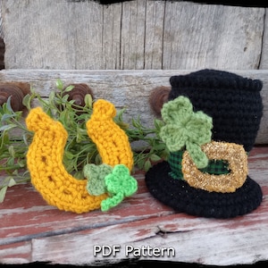 St Patrick&#39;s Day Hat and Horseshoe Crochet Pattern, Leprechaun Ornaments, Decoration, Easy Crochet Tutorial, Instant Download PDF Pattern