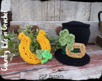 St Patrick's Day Hat and Horseshoe Crochet Pattern, Leprechaun Ornaments, Decoration, Easy Crochet Tutorial, Instant Download PDF Pattern