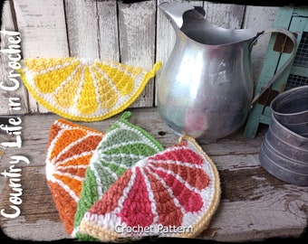 Citrus Slice Potholders Crochet Pattern, Lemon, Lime, Orange Hot Pads, Kitchen Decor