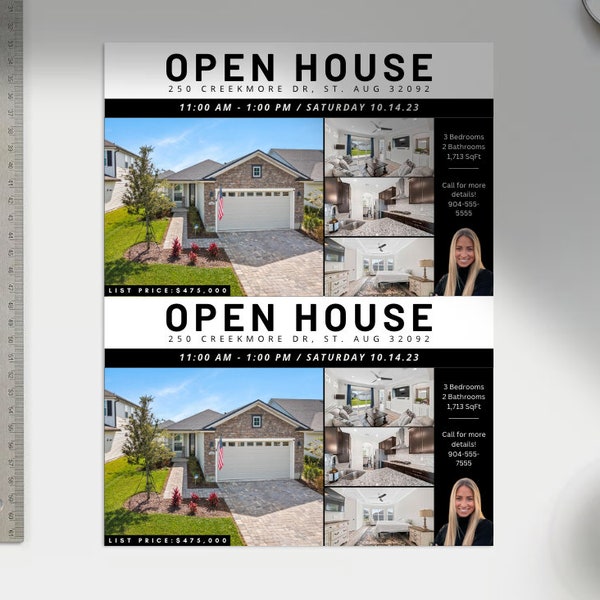 Canva Template -Open House Flyers, Marketing New Listing, Door Knocking Half sheet, Marketing sheets, Just listed sheets, new listing sheet,