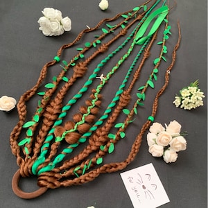 READY TO SHIP. Green Brown Ponytail Hair Extensions, Viking Hair Accessory with Elastic Band. dreads braids on a hair tie, personalized gift