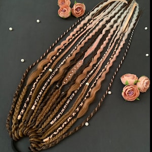 READY TO SHIP. Ponytail Hair Extensions, Viking Hair Accessory with Elastic Band. Brown dreads and braids on a hair tie, personalized gift