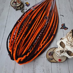 Boho Viking Dreads & Braids – Orange Red Black SE/DE Textured Synthetic Hair Extensions, Handmade Crochet Festival Fire Dreadlock Set