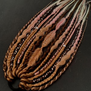 Boho Viking Ponytail – Chocolate Brown & Pink Textured Braids and Dreads on Elastic Band, Handmade Festival Hair Extension, Boho Braids