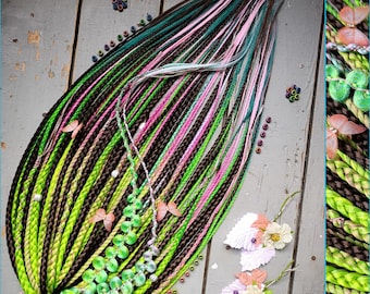 Boho Viking DE SE Braids Set, Textured Spring Dread Braids, Green Pink Brown Bohemian Hair Extensions, Festival Cosplay Set