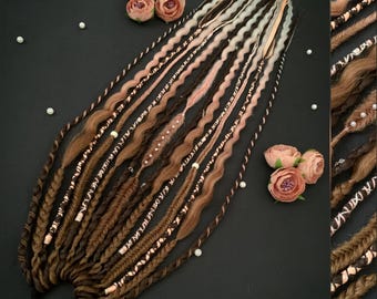Cola de caballo boho vikinga marrón y rosa – Extensiones de cabello trenzado texturizado con elástico, cabello para festivales hecho a mano, trenzas sintéticas con diadema.