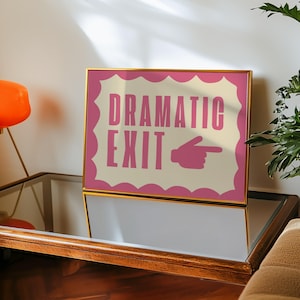 Arte de pared retro rosa, impresión divertida para el pasillo, póster de paisaje, impresión dramática de salida verde oscuro, arte de pared de mediados de siglo, decoración de pared pintada a mano