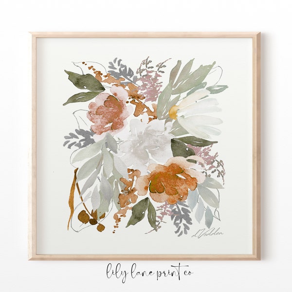 Watercolor Print, Square Print, Floral Art Print, Abstract Flower Painting, Wildflower Print, Artwork for Walls, Baby Girl Nursery Art 10x10