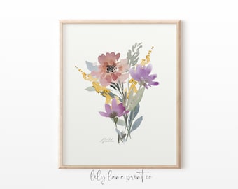 Pretty Floral Decor, Home Decor, Flower Print, Floral Pinging, Watercolour, Delicate, Signed, Purple, Pink, Green, 11x14, 8x10, Fine Art