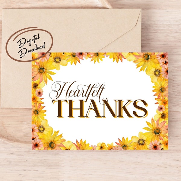 Heartfelt Thanks Digital Greeting Card, Printable Card, Instant Download, Print At Home, Appreciation Card, Gratitude Card, Thank You Card