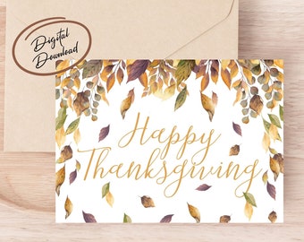 Thanksgiving Digital Greeting Card, Printable Card, Holiday Card, Instant Download, Fall Card, Autumn Card, Happy Thanksgiving, Fall Leaves