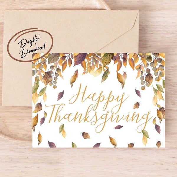 Thanksgiving Digital Greeting Card, Printable Card, Holiday Card, Instant Download, Fall Card, Autumn Card, Happy Thanksgiving, Fall Leaves