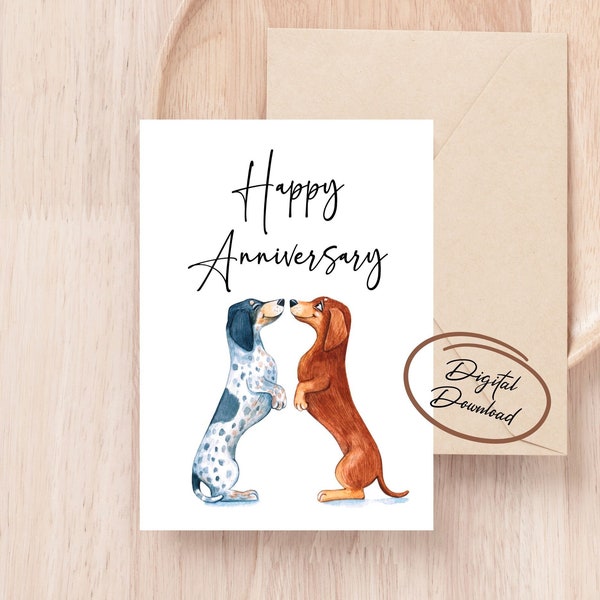 Tarjeta de felicitación digital feliz aniversario, tarjeta imprimible, tarjeta romántica, descarga instantánea, tarjeta de aniversario, perros