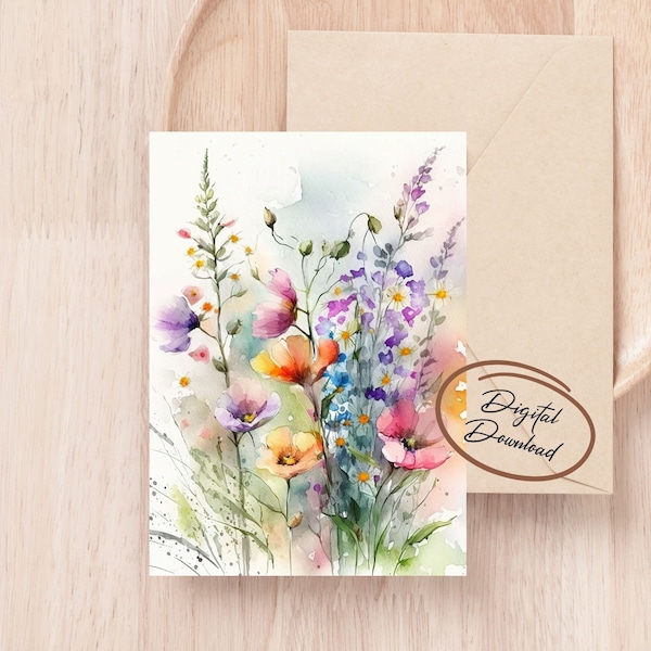 Any Occasion Digital Greeting Card, Printable Card, Wildflowers Card, Instant Download, Blank Card