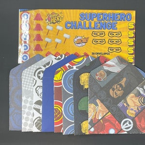 Desafio de economia épico de super-heróis da Marvel! 30 envelopes temáticos e cartão de acompanhamento - Orçamento divertido!