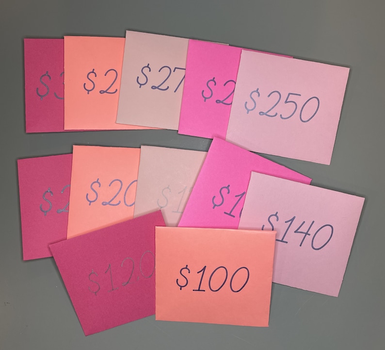 May include: A collection of pink and peach colored paper notes with handwritten prices in blue ink. The prices are $1, $2, $100, $120, $140, $20, $250, $27, and $3.