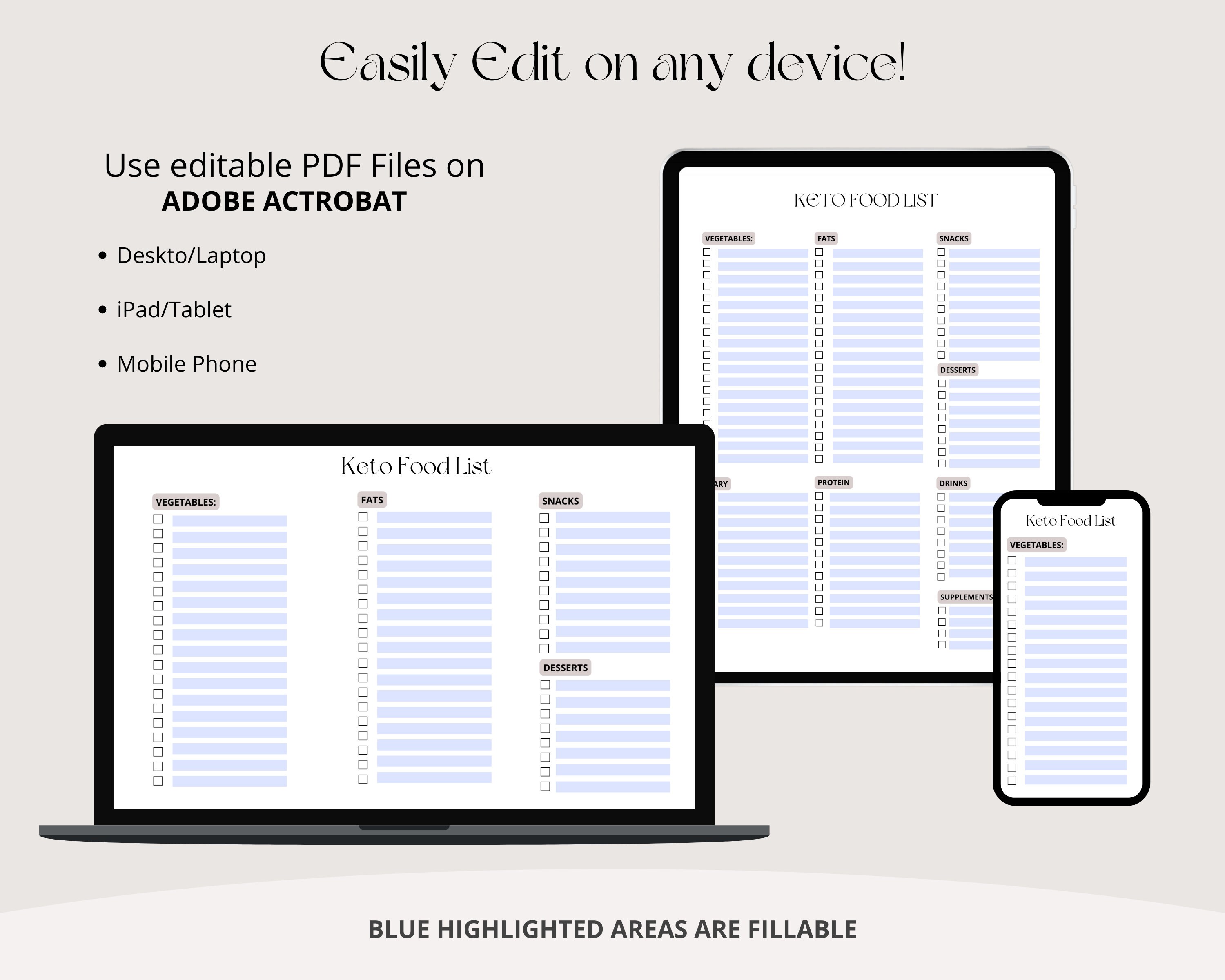 Editable Keto Grocery List, Printable Diet, Keto Food List, Low Carb ...