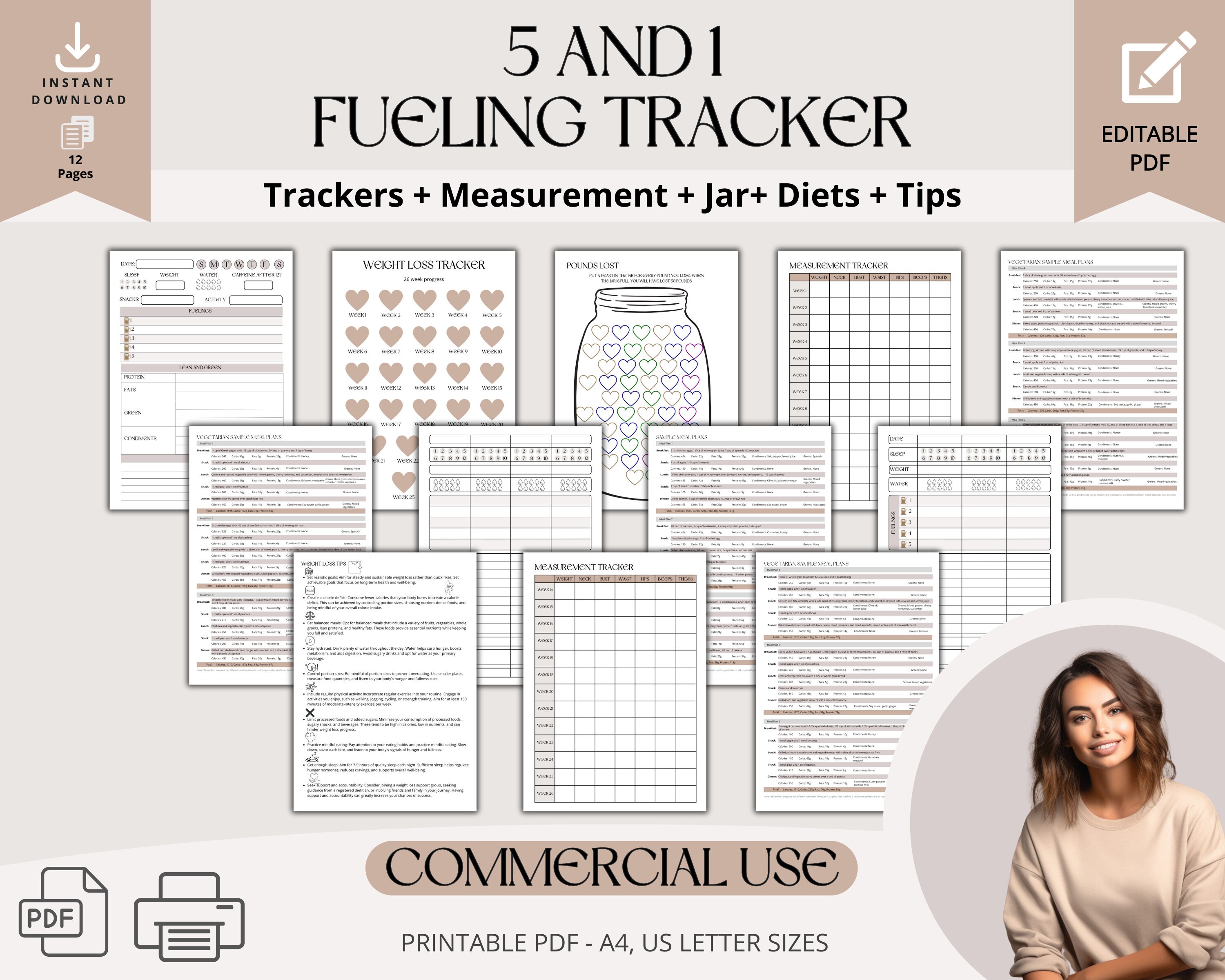 5 and 1 Fueling Tracker, Editable 5 and 1 Fueling Weight Loss Journal