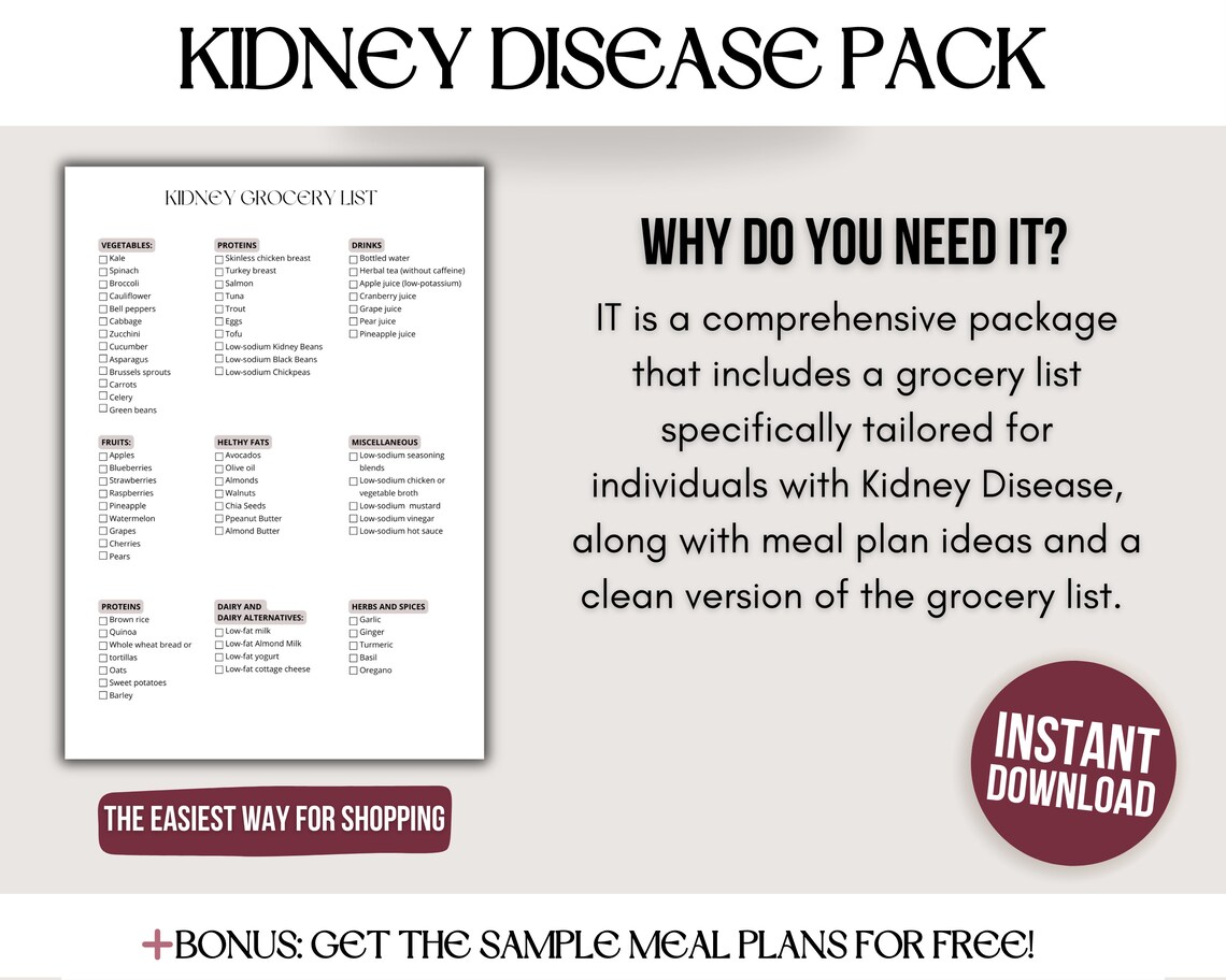 Kidney Diet and Grocery List Printable PDF, Kidney Disease Printable ...