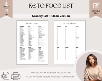 Elenco della spesa cheto modificabile, dieta stampabile, elenco degli alimenti cheto, elenco degli alimenti a basso contenuto di carboidrati, modello PDF dell'elenco della spesa