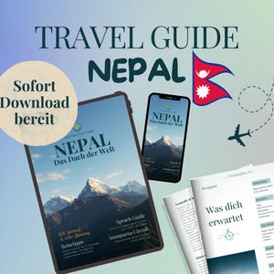 Op de afbeelding: Een reisgids voor Nepal, met de tekst "TRAVEL GUIDE NEPAL". De afbeelding toont een tablet en smartphone met de gids, samen met een gedrukte brochure. De vlag van Nepal is ook zichtbaar.