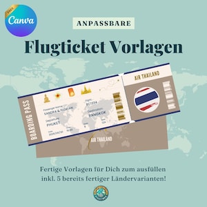 Modèle Canva de billet d'avion modifiable – idée de bon de voyage – design de pays – carte d'embarquement numérique, cadeau de vacances personnalisable à faire soi-même