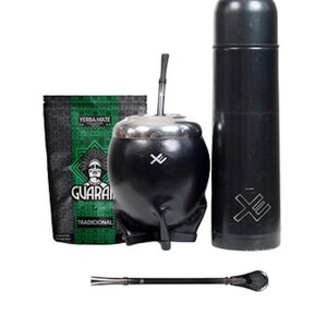 EquisMate Yerba Mate Set - Ceramic and Leather Calabash in Black or Orange with 1L Thermo and Natural Yerba mate Tea (0.5kg) and Bombilla