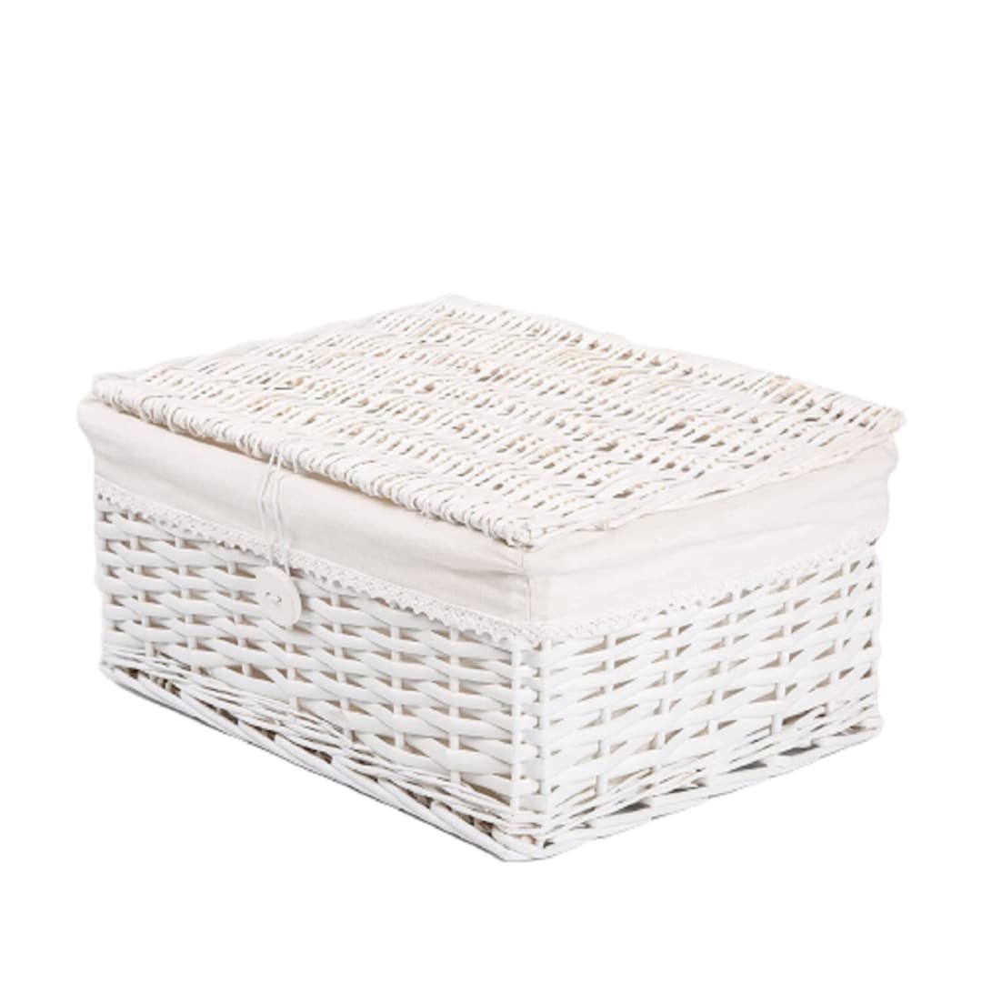 White Wicker Storage Basket With Lid and Lining Woven Hamper Basket