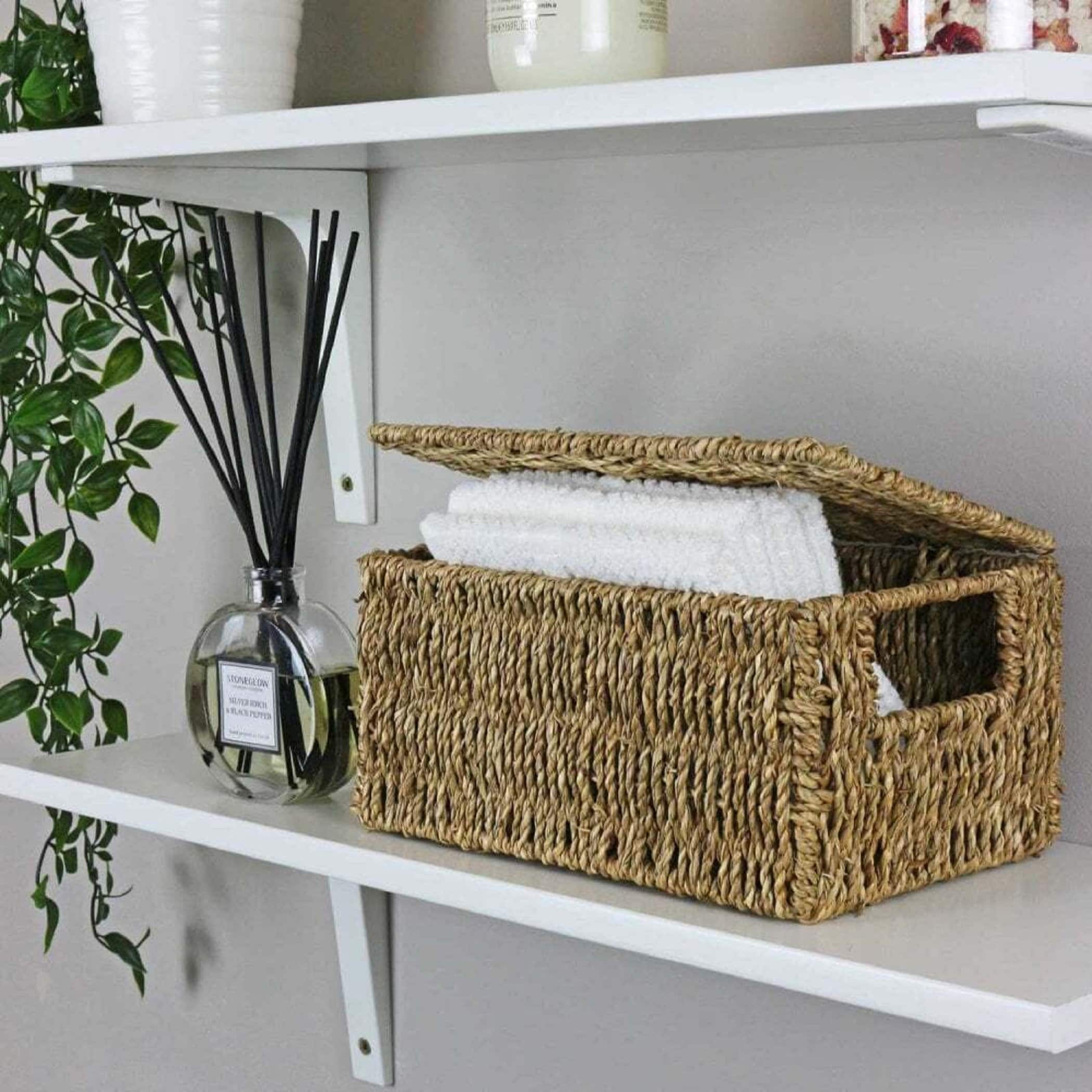 Rectangular Lidded Storage Basket Natural Seagrass Bathroom Storage