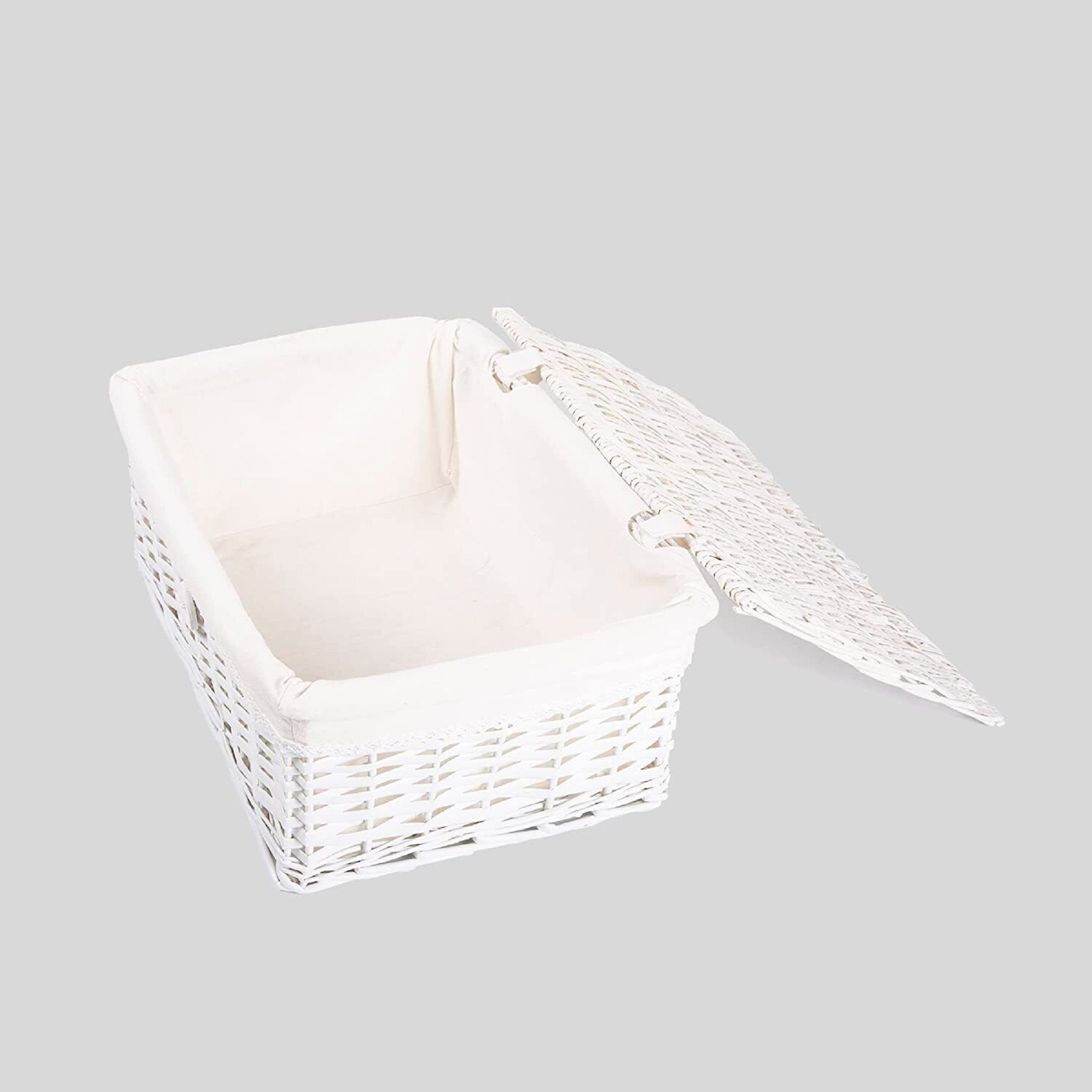 White Wicker Storage Basket With Lid and Lining Woven Hamper Basket