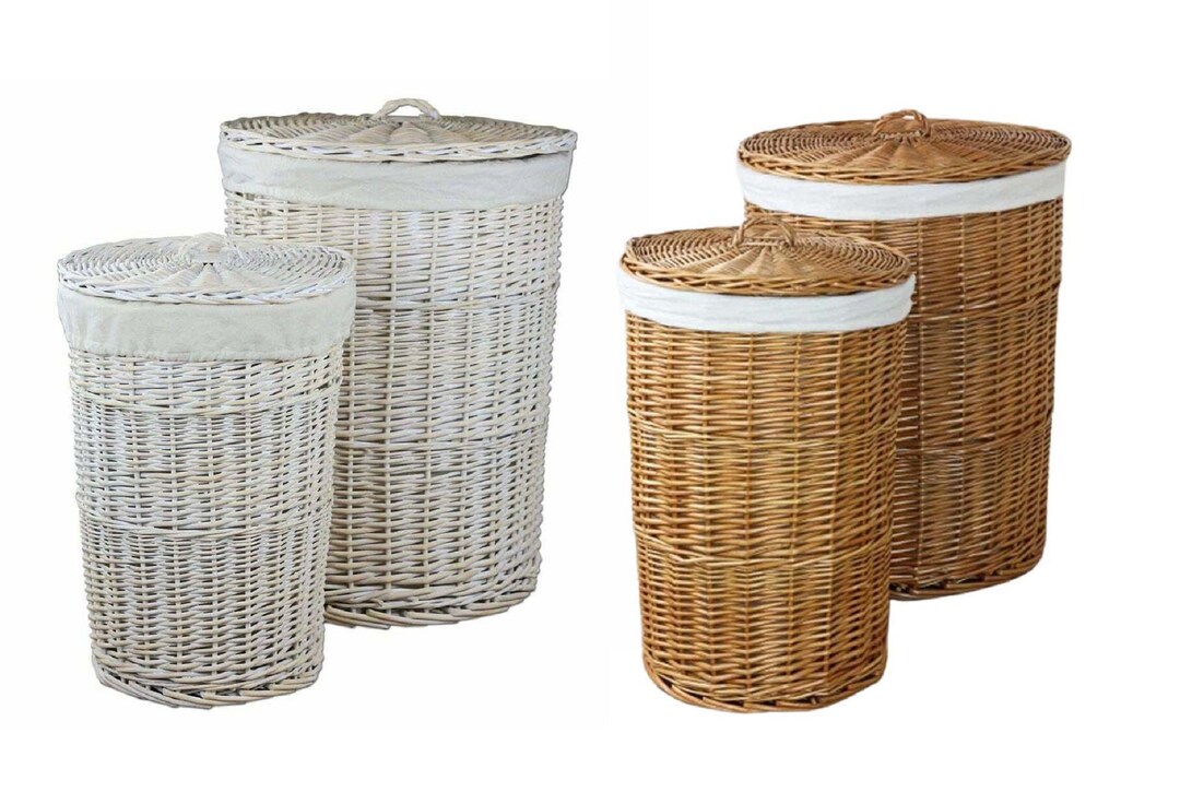 Premium Round Wicker Laundry Basket Woven Lidded Washing Storage Lined